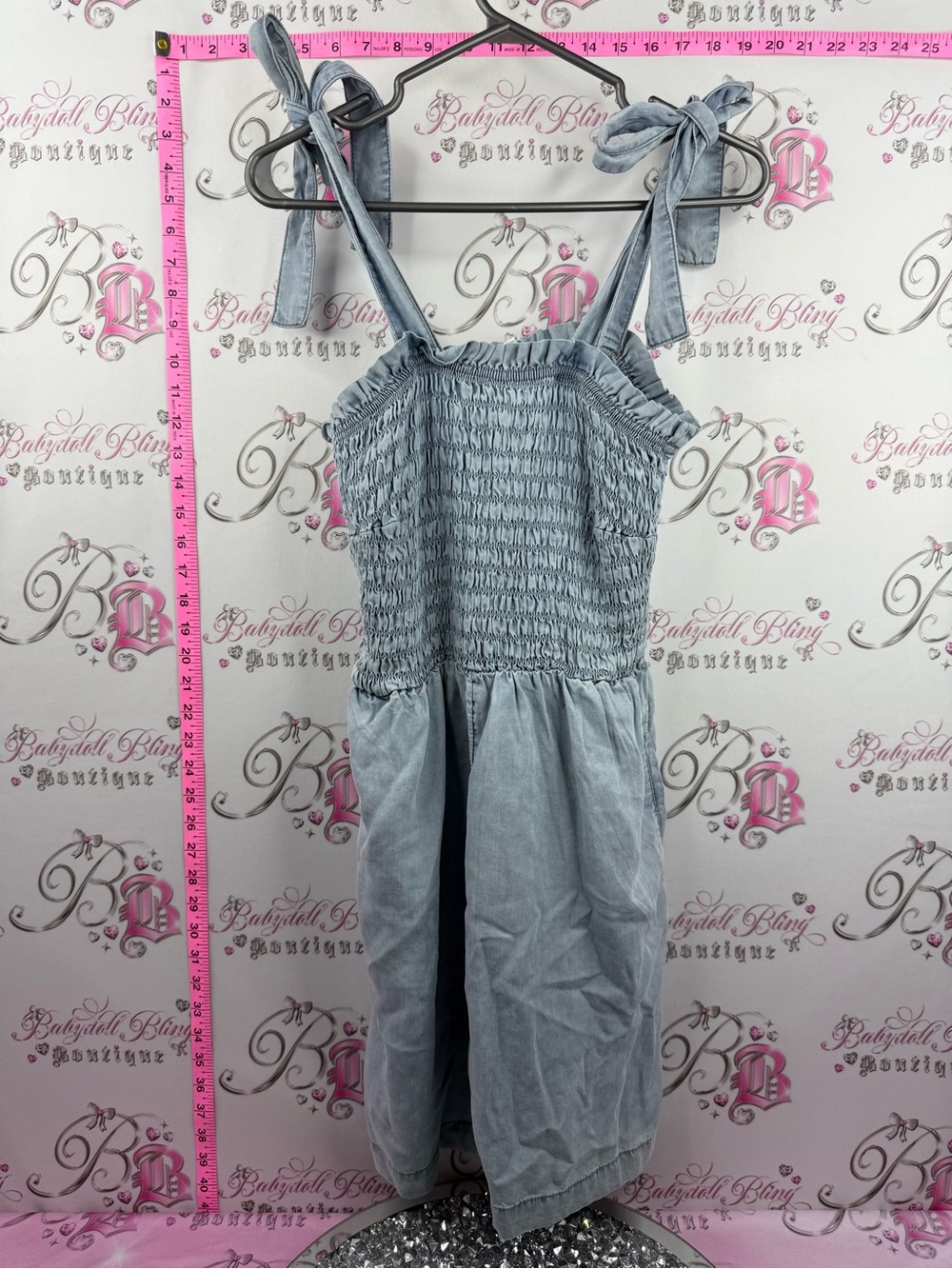 DD77 jumper romper Tie-Shoulder Smocked Jumpsuit Romper in Light Blue